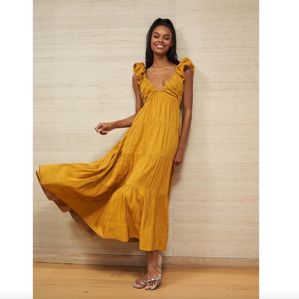 La Ligne Anais Maxi Tiered Dress in Dijon Yellow Linen Blend Size XL NWT